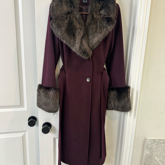 French Connection Belted Coat with Faux Fur Trim - Picture 2 of 8